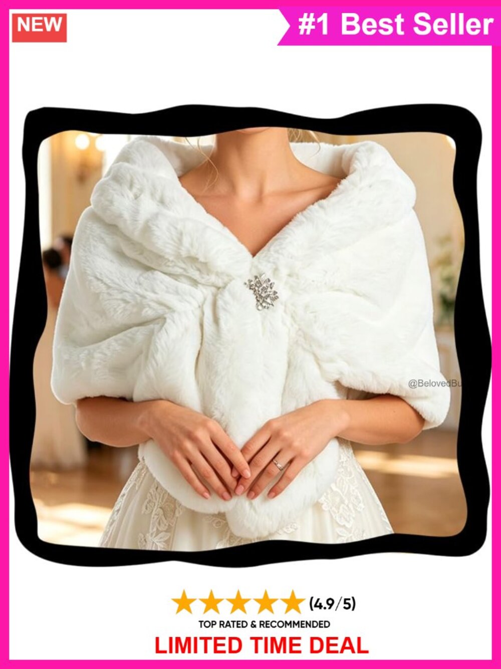 Faux Fur Shawl Wrap Short Stole One Size Crystal Clasp Evening Cover